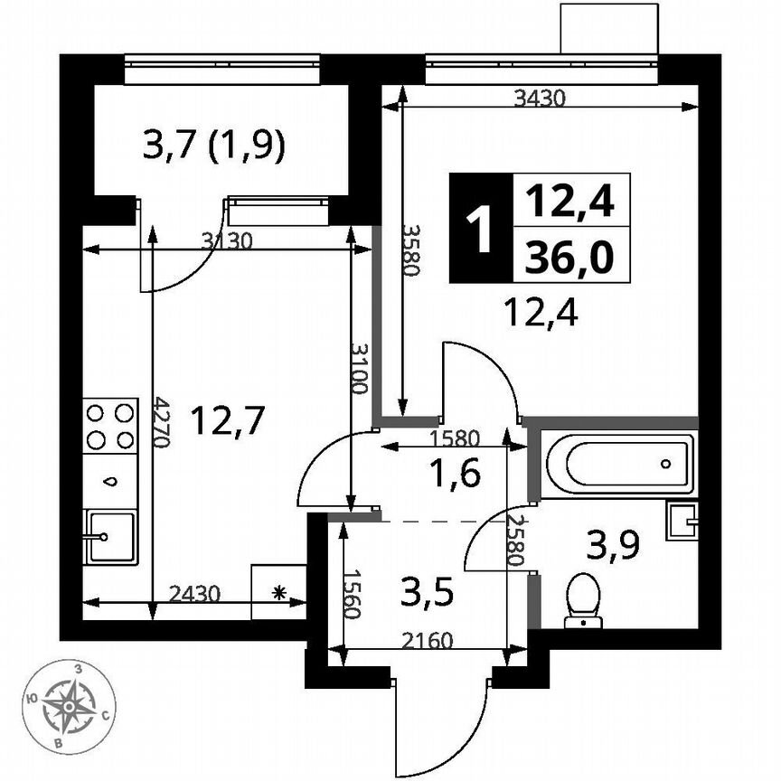 1-к. квартира, 36 м², 10/16 эт.