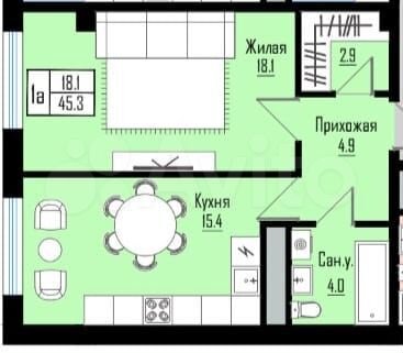 1-к. квартира, 45,3 м², 8/12 эт.