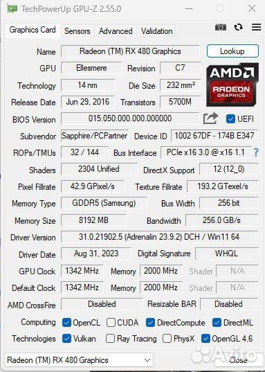 Игровая Видеокарта sapphire rx 480 8gb
