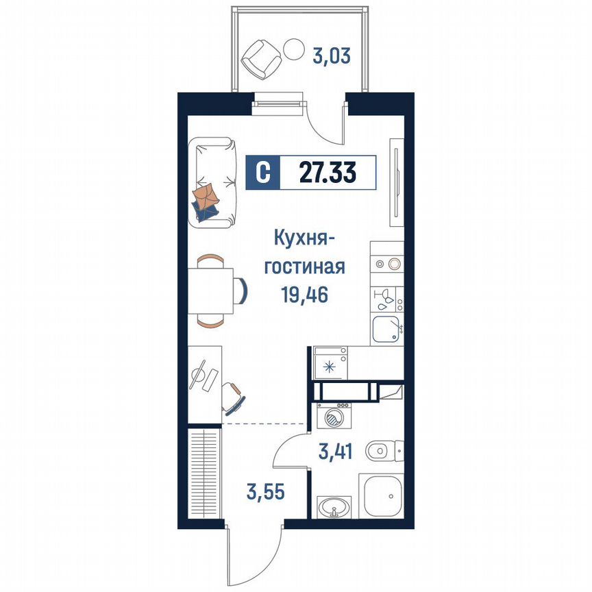 Квартира-студия, 27,3 м², 3/18 эт.