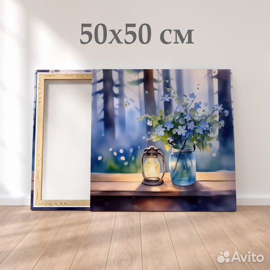 Картины Цветы на скамейке на холсте 50х50 см