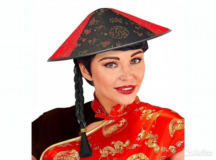 Шляпа китайская красно-черная с косичкой