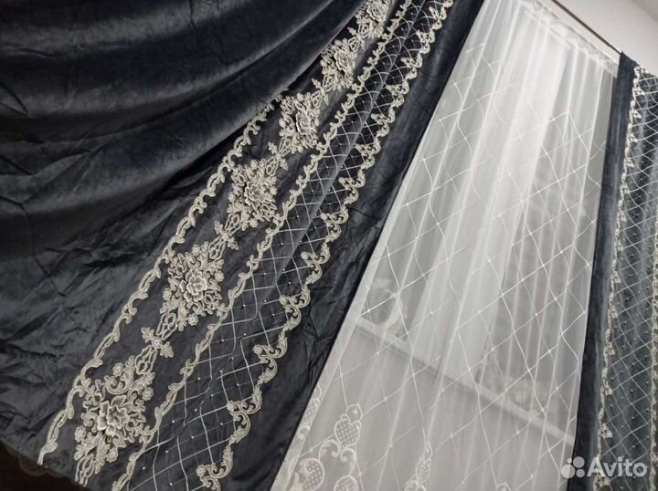 Бархатные шторы с жемчугом и вышивкой,тюль