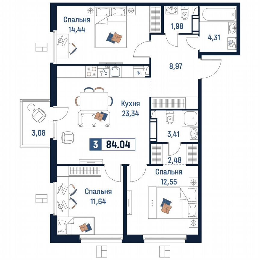 3-к. квартира, 84 м², 11/18 эт.