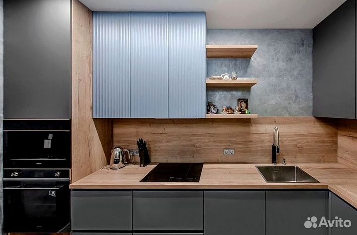 Угловая кухня с островом с мдф фасадами