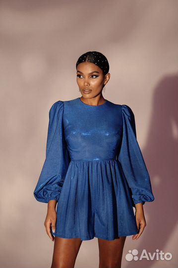 Комбинезон с объёмными рукавами с люрексом синий S