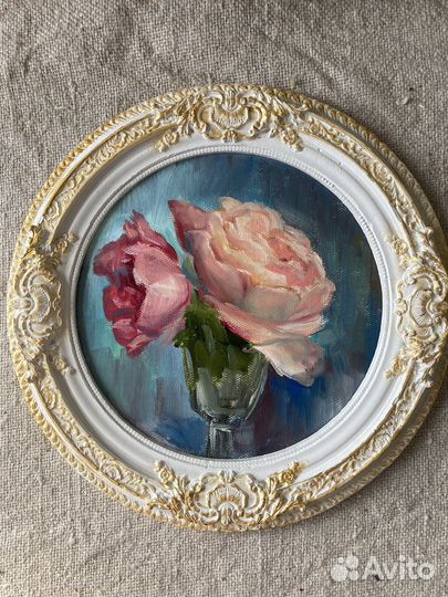 Картина маслом на холсте цветы с оформлением