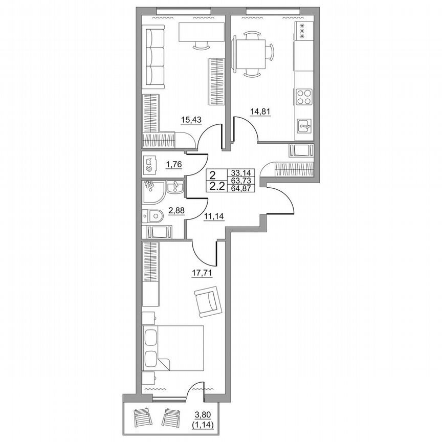 2-к. квартира, 64,9 м², 9/11 эт.