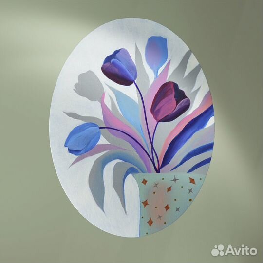 Авторская овальная картина. Натюрморт. Цветы