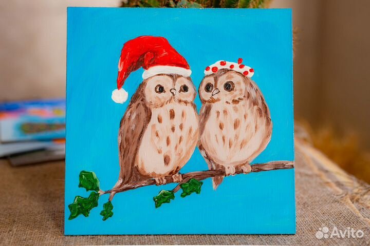 Картина милые совята совы птицы животные зимние