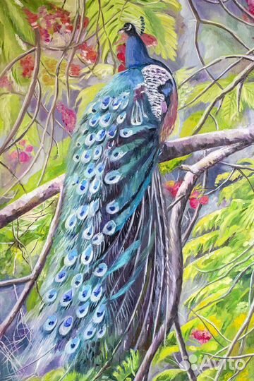 Картина интерьерная маслом Павлин на ветке