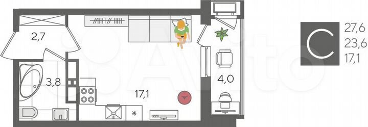 Квартира-студия, 27,6 м², 14/24 эт.