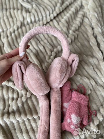 Пушистые наушники + подарок (рукавички)