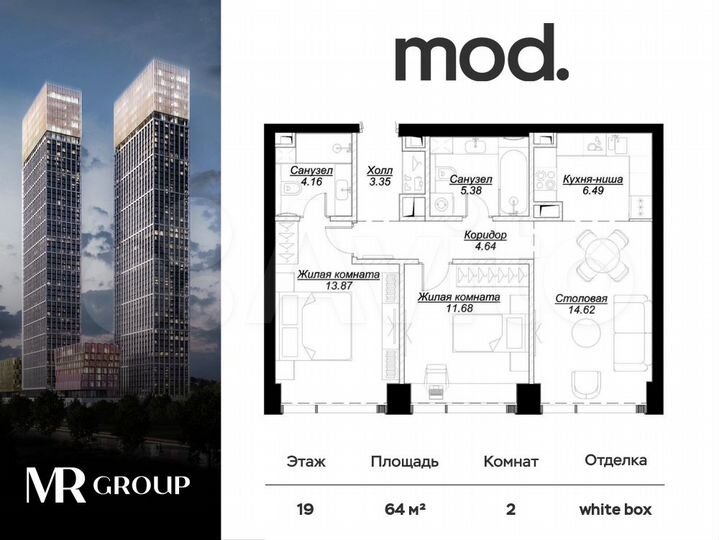 2-к. квартира, 64,9 м², 19/55 эт.