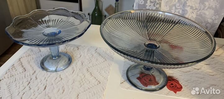 2 вазы на ножке из купоросного стекла СССР