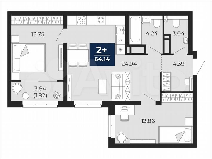 2-к. квартира, 64,1 м², 15/22 эт.