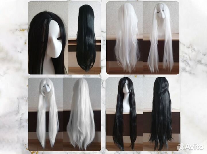 Черный, белый парик без челки, с челкой 100 см
