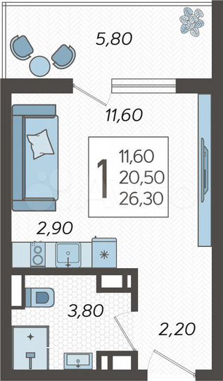 Квартира-студия, 26,3 м², 2/10 эт.