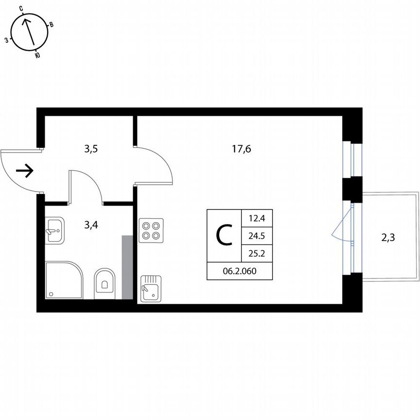 Квартира-студия, 25,2 м², 3/3 эт.