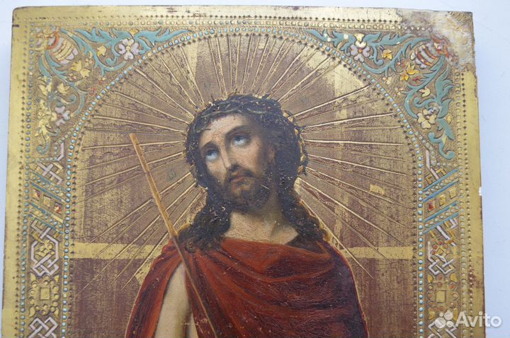 Икона 19 века Спаситель в терновом венце,живопись