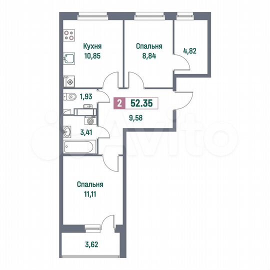 2-к. квартира, 52,4 м², 15/16 эт.