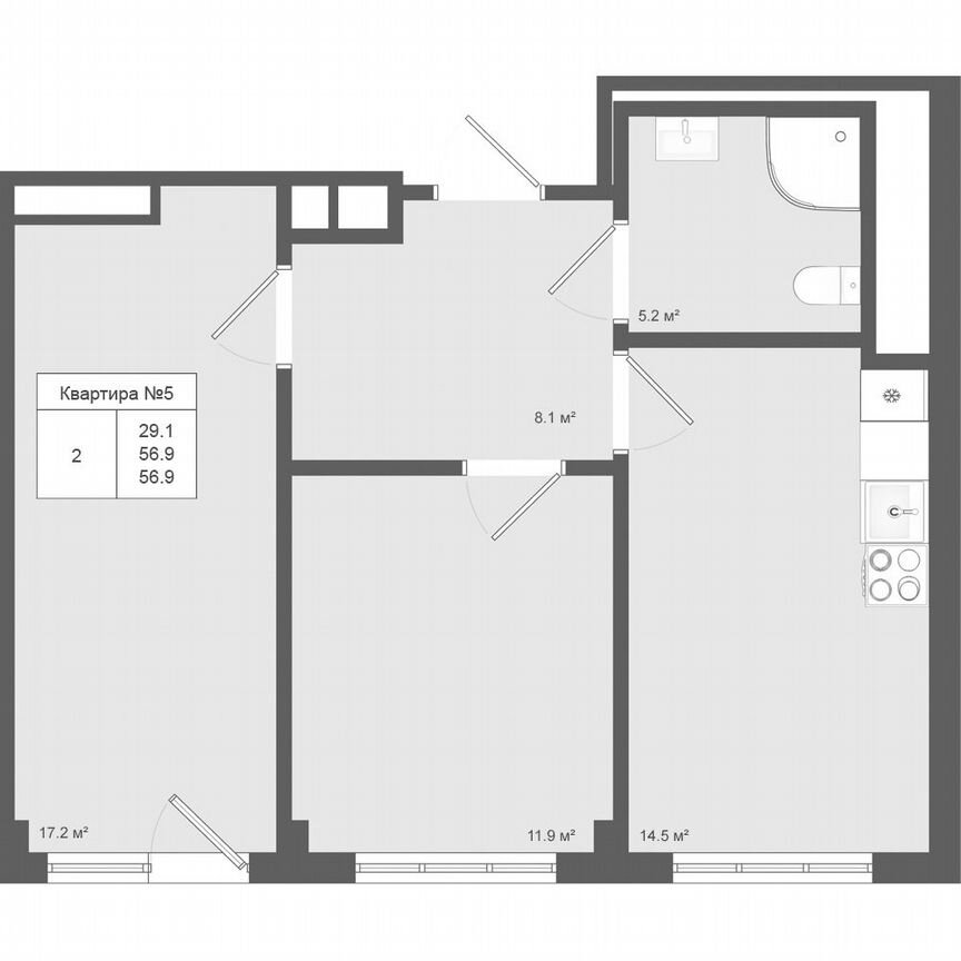 2-к. квартира, 56,9 м², 1/4 эт.