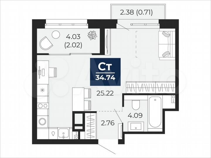 Квартира-студия, 34,7 м², 7/22 эт.