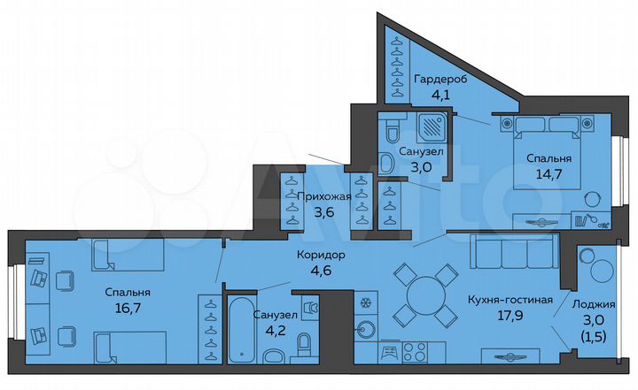 2-к. квартира, 70,3 м², 13/25 эт.