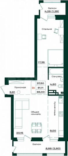 2-к. квартира, 65 м², 4/17 эт.