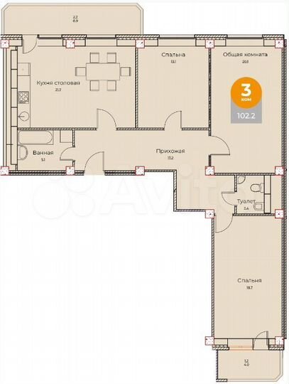 3-к. квартира, 102,2 м², 5/12 эт.