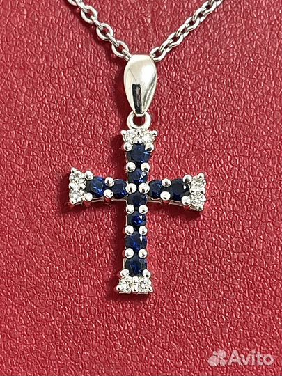 Крест из белого золота с бриллиантами и сапфирами