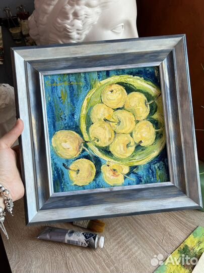 Картина маслом натюрморт с яблоками, 20/20 см