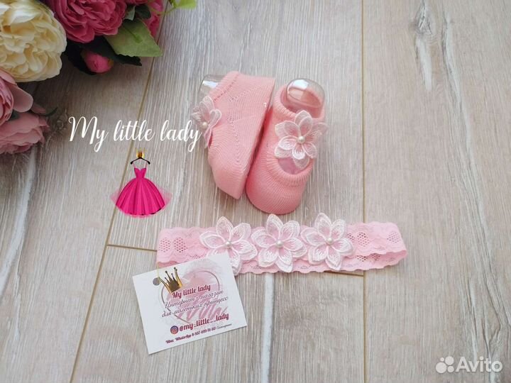 Комплект для малышки пинетки и повязка новый