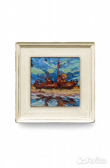 Картина маслом старый корабль баркас море импасто