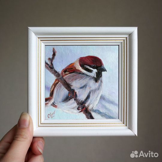 Картина маслом Воробей 10х10см. В наличии