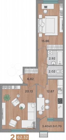 2-к. квартира, 62,3 м², 5/8 эт.