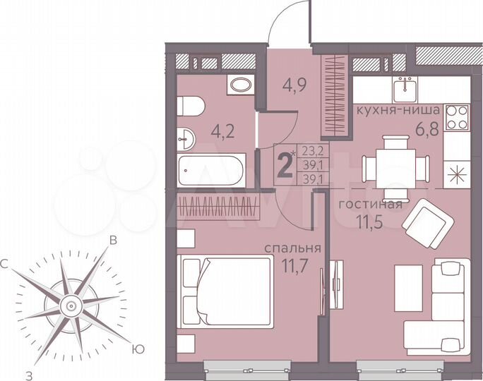 2-к. квартира, 39,1 м², 6/22 эт.