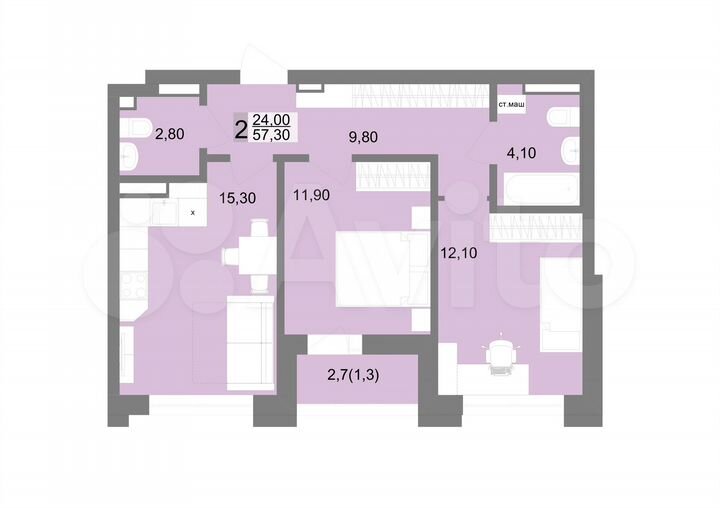 2-к. квартира, 57,3 м², 5/12 эт.