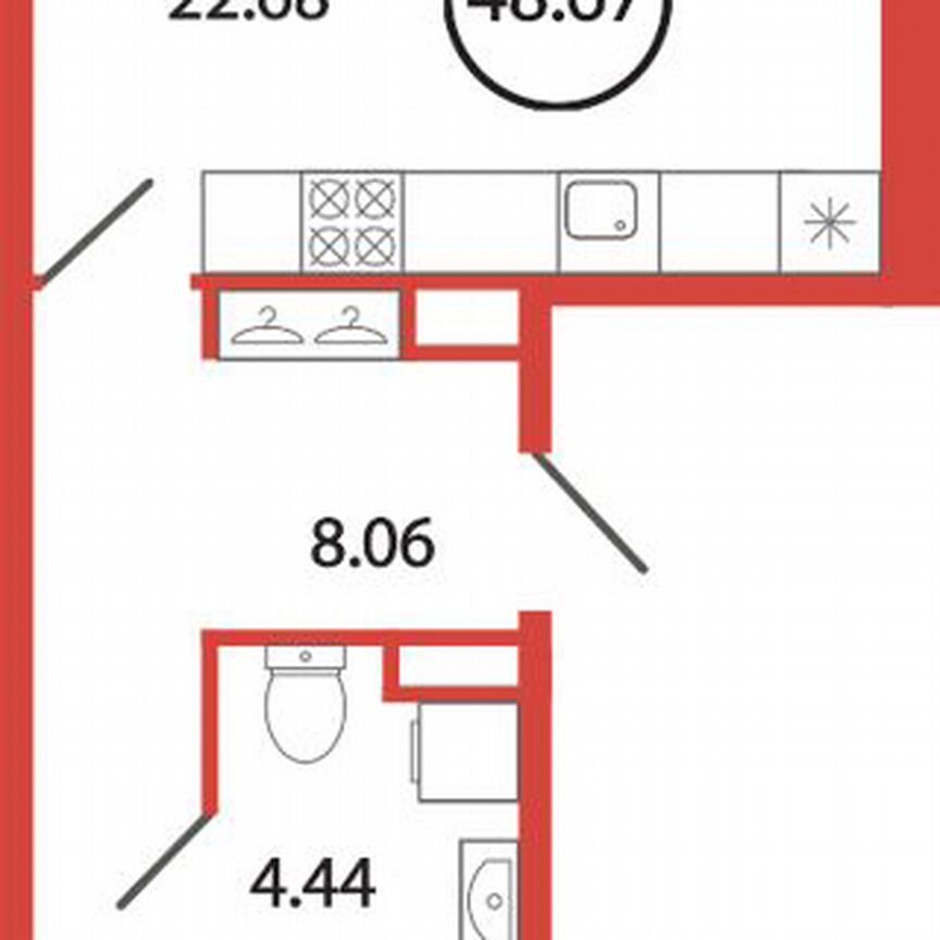 1-к. квартира, 48,7 м², 2/12 эт.