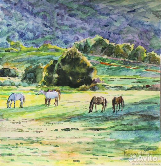 Пейзаж картина лошади поле горы