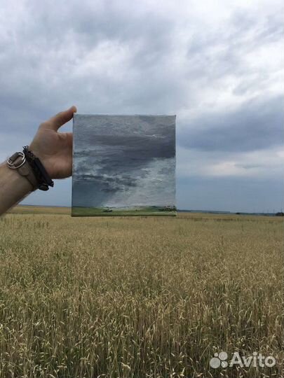 Пейзаж масло холст поле гроза небо закат колос