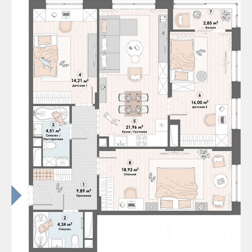 3-к. квартира, 89,8 м², 15/23 эт.