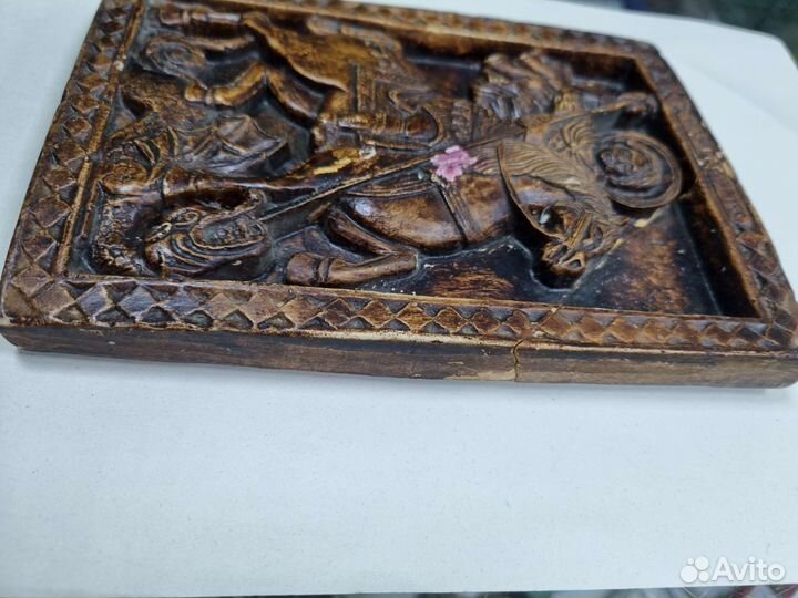 Старинная Икона Георгий Победоносец. Гипс