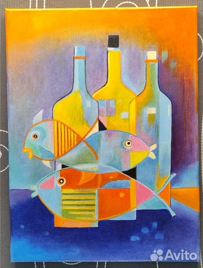 Натюрморт Wine Bottles Art в стиле Кубизма Пикассо