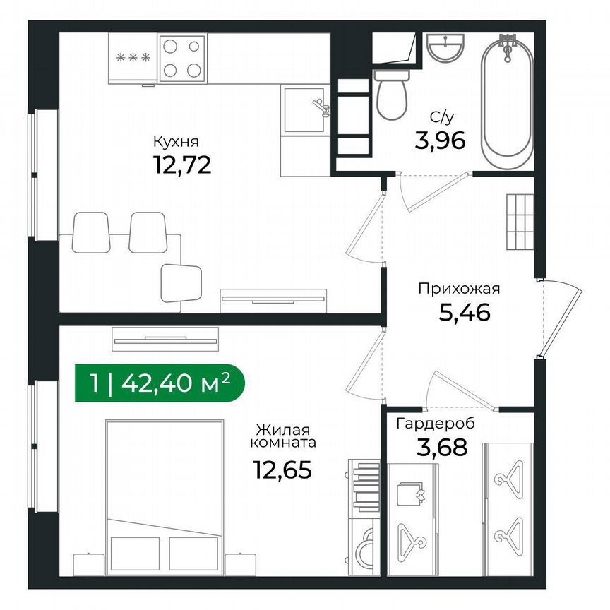 1-к. квартира, 37,8 м², 1/8 эт.