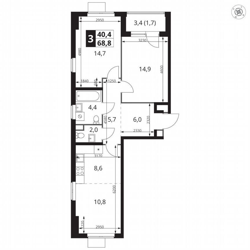 2-к. квартира, 68,8 м², 6/12 эт.