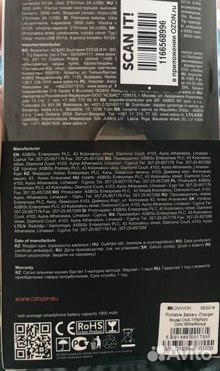 Внешний аккумулятор Power bank 5000 Canyon