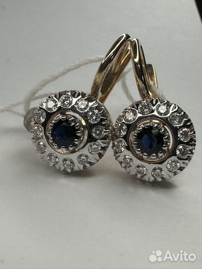 Золотые серьги малинки с бриллиантами и сапфир