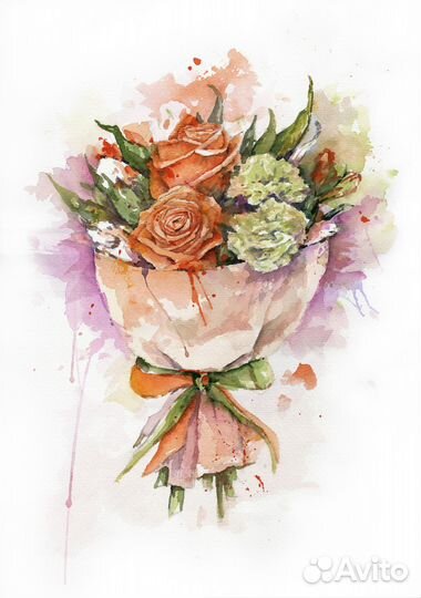 Картина цветы акварель, картина розы букет 42 х 30