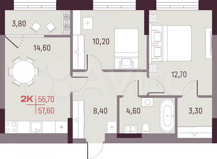 2-к. квартира, 55,7 м², 12/25 эт.